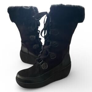 Decree Women's Boots 9M Black Faux Suede Faux Fur Lace Up Zip Up Wedge Heel